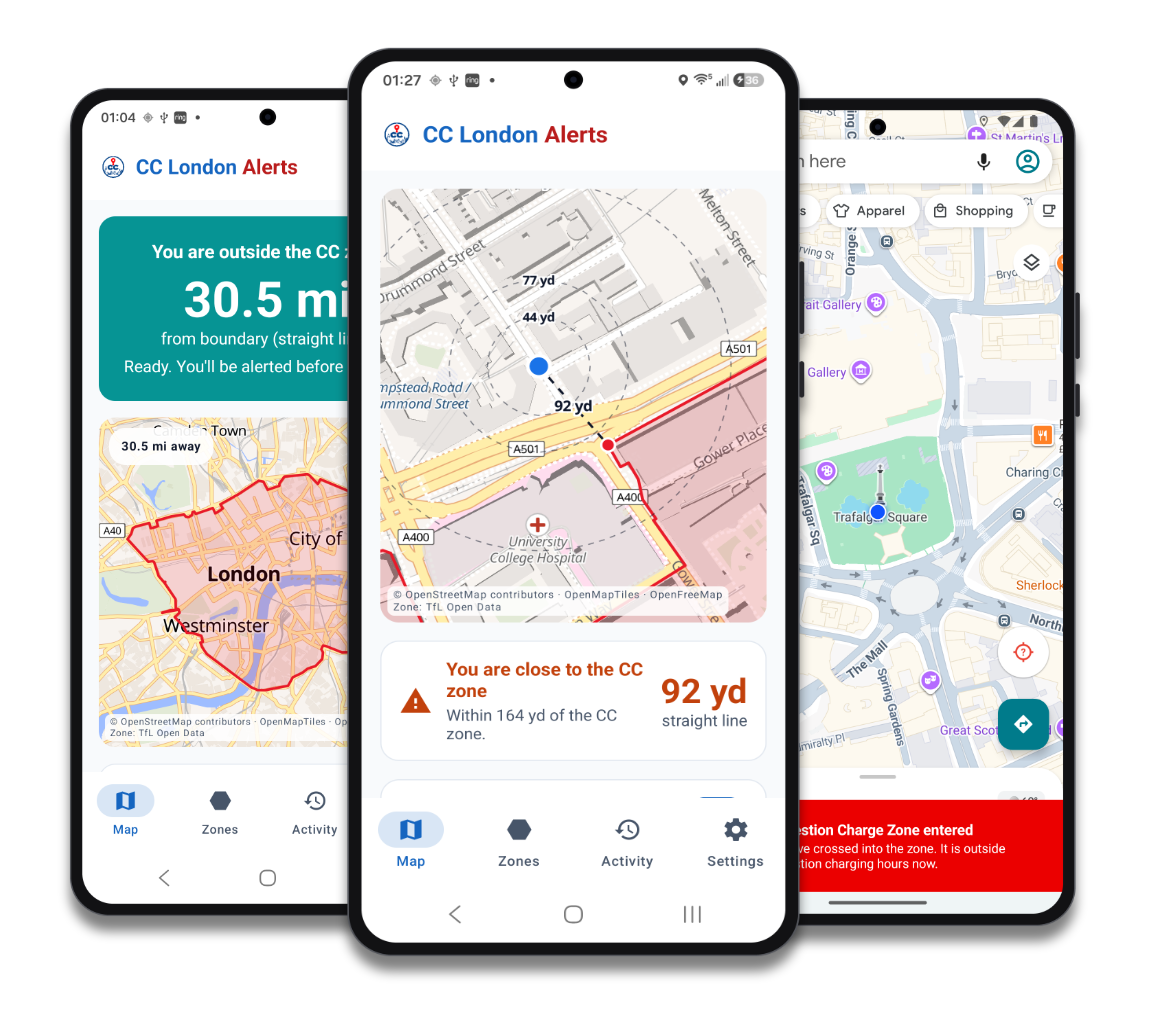 CC London Alerts on three phones, showing distance to the Congestion Charge Zone and a warning over a map